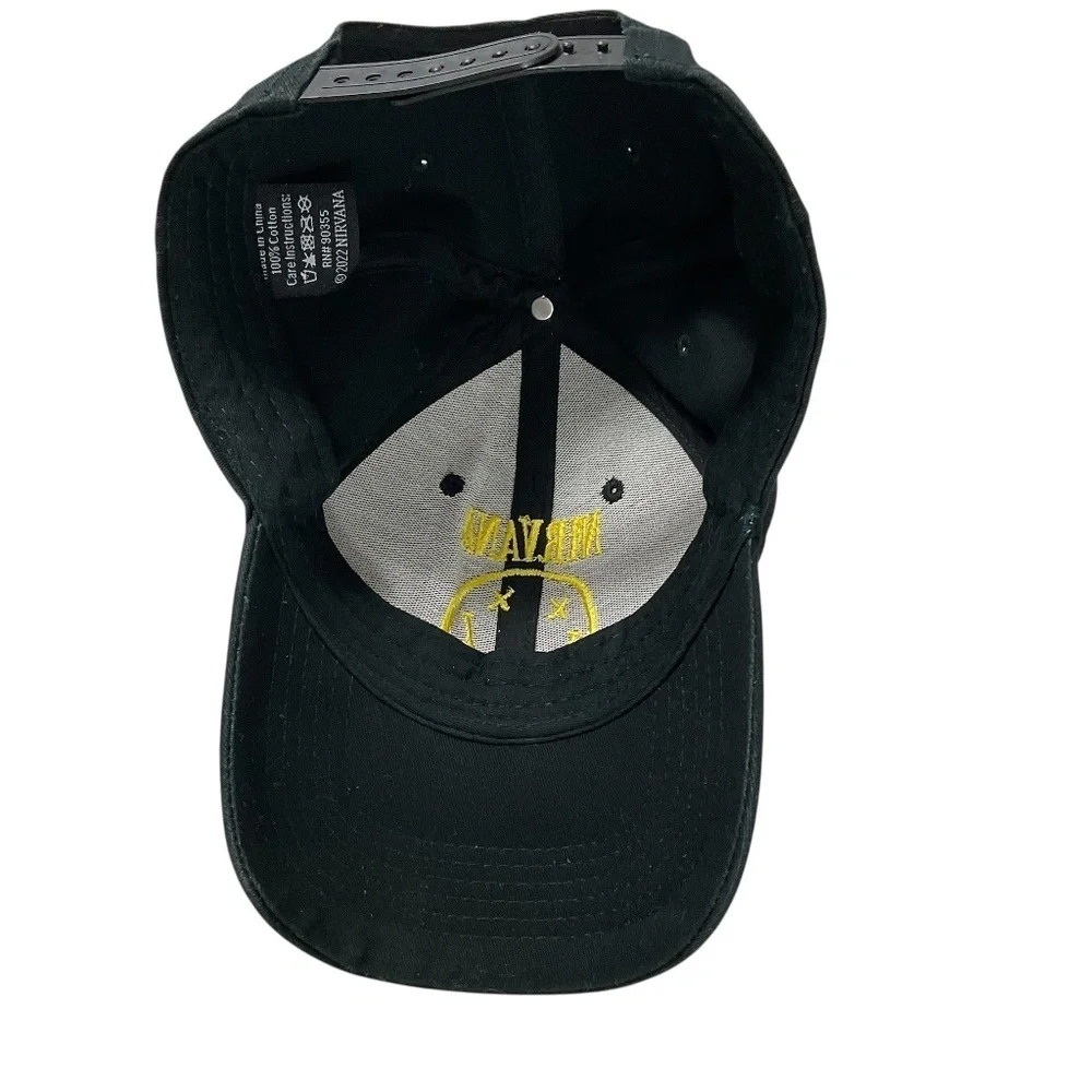 Nirvana Black Baseball Hat Embroidered Yellow Smile Face Logo Adjustable Cap